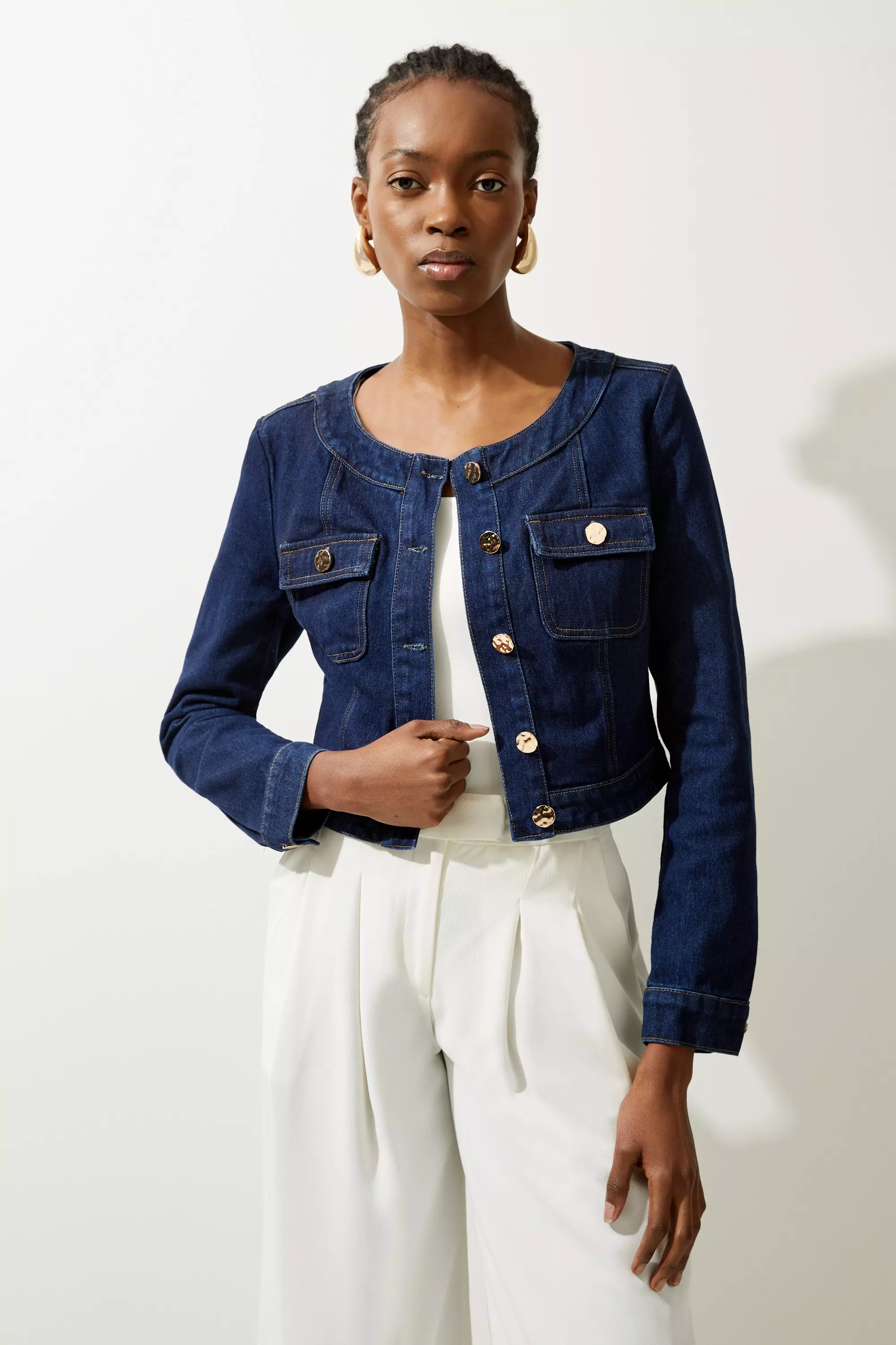 Dark blue cropped denim jacket best sale