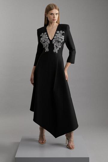 Black Bandage Form Fitting Asymmetric Embellished Knit Dress