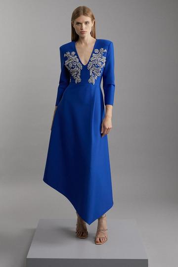 Bandage Form Fitting Asymmetric Embellished Knit Dress cobalt