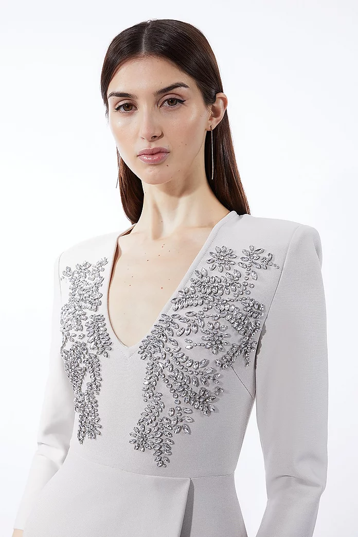 Bandage Form Fitting Asymmetric Embellished Knit Dress Bandage Form Fitting Asymmetric Embellished Knit Dress
