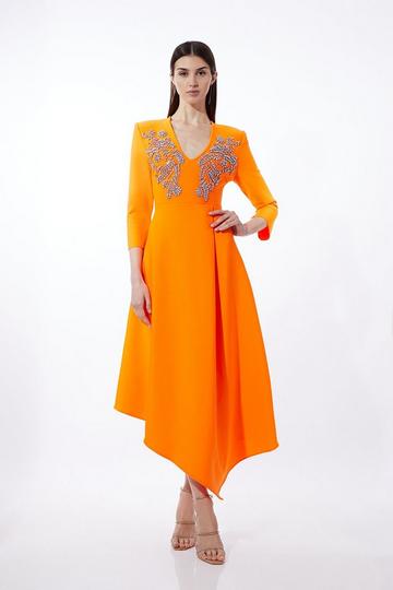 Orange Bandage Form Fitting Asymmetric Embellished Knit Dress