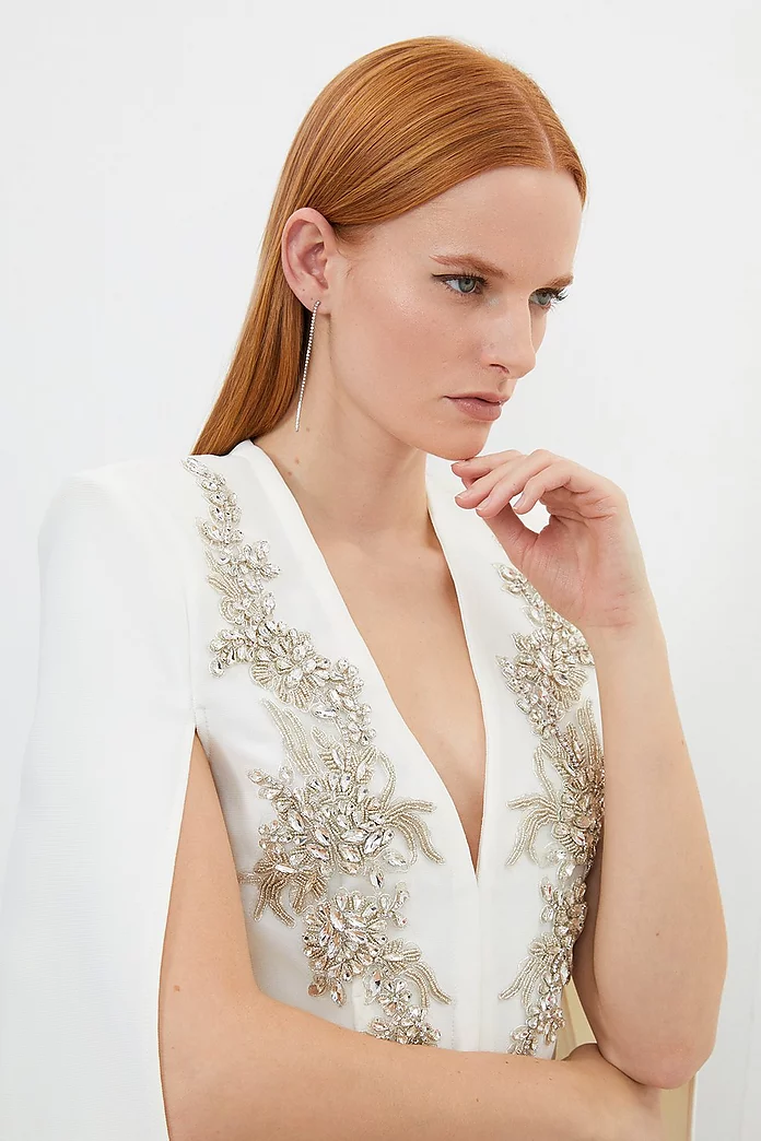 Bandage Form Fitting Cape Sleeve Embellished Jacket | Karen Bandage Form Fitting Cape Sleeve Embellished Jacket | Karen