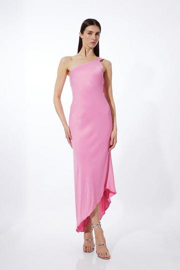 Pink Satin Back Crepe Tailored One Shoulder Chain Detail Asymmetric Midaxi Dress