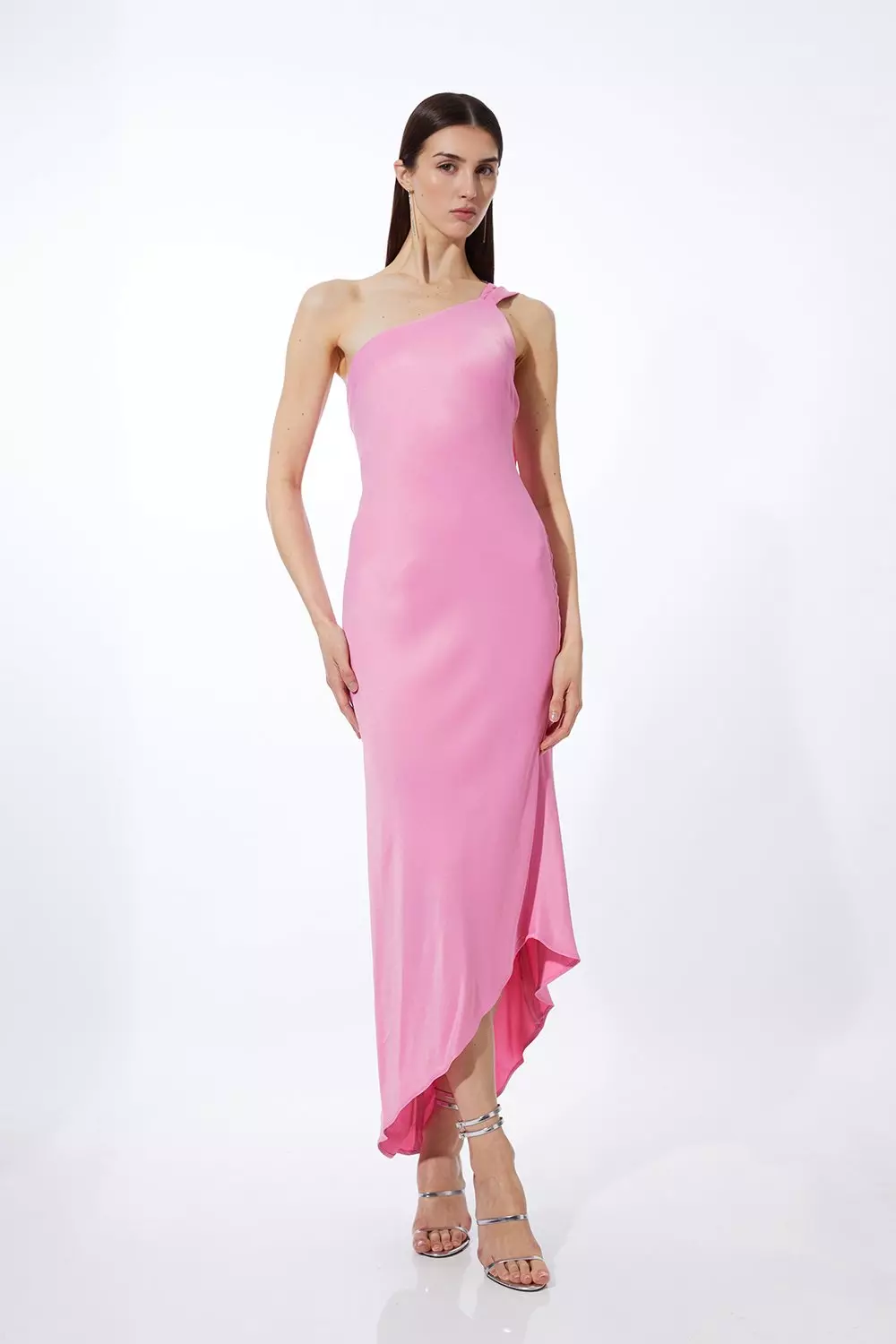 Satin Back Crepe Tailored One Shoulder Chain Detail Asymmetric Midaxi Dress Karen Millen