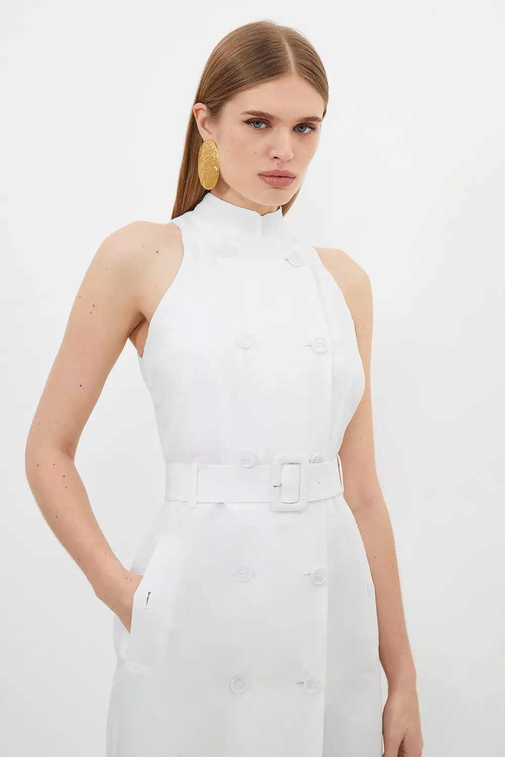 Premium Tailored Linen Double Breasted Belted Midi Dress