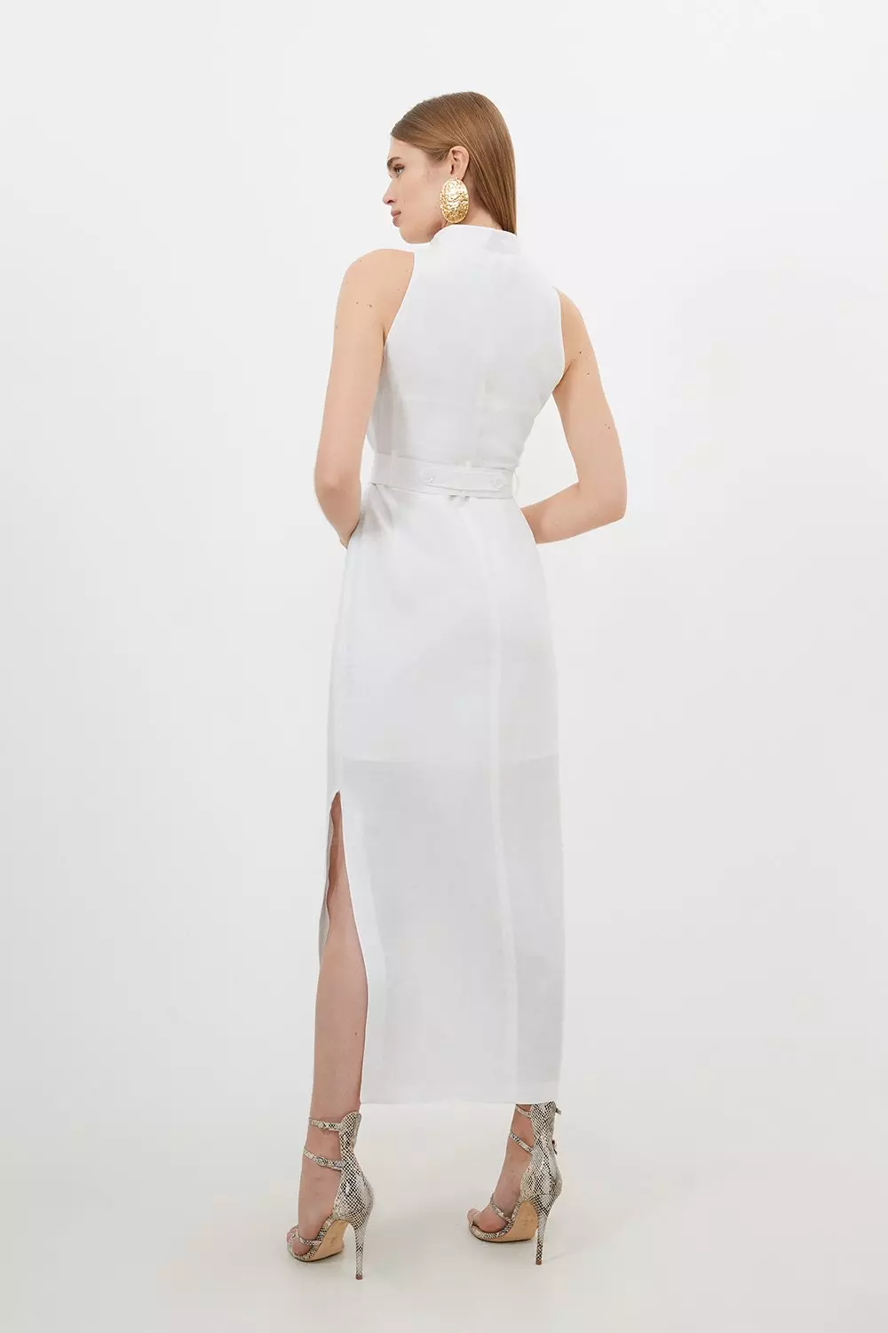 【KAREN MILLEN】 リネン  タブウエスト  ミディドレス KAREN MILLEN 日本未入荷 リネン ベルト シャツ ミディドレス 白
