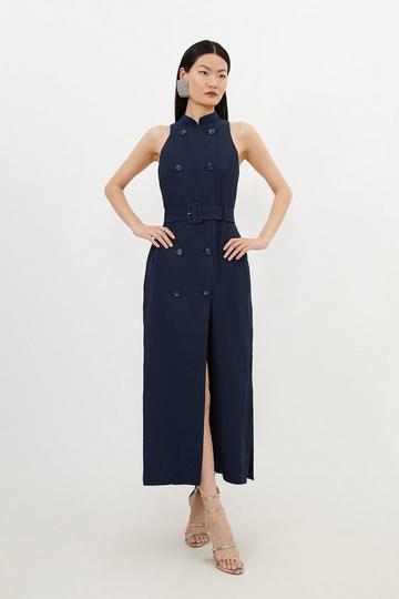 Premium Tailored Linen Double Breasted Belted Midi Dress navy