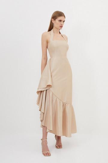 Champagne Beige Metallic Taffeta Halterneck Ruffle Hem Midaxi Dress