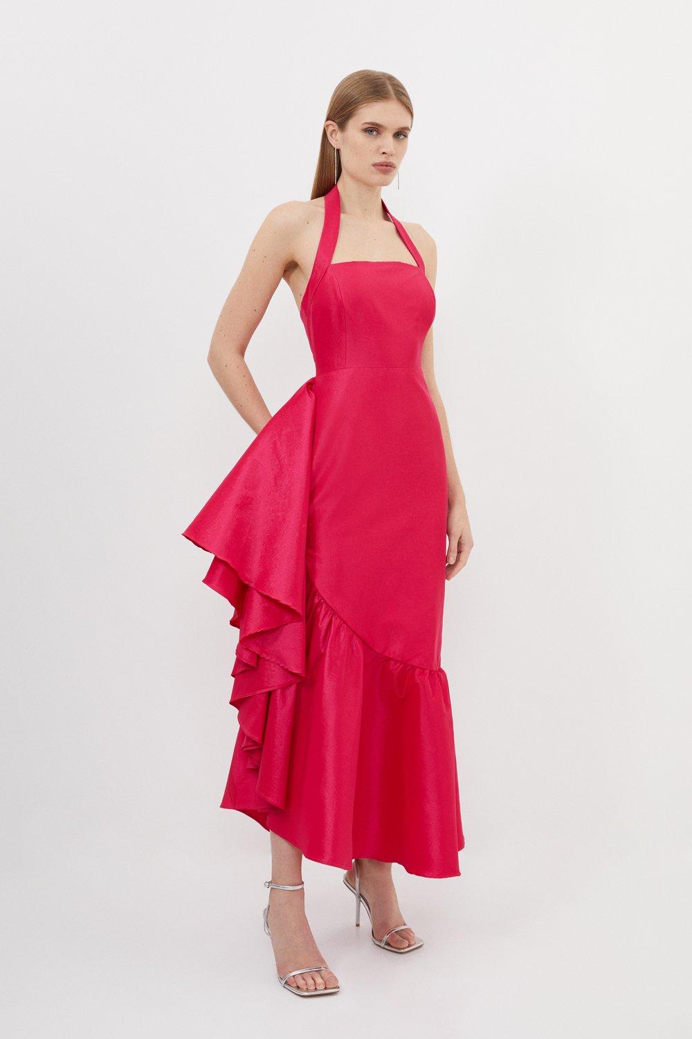 Pink Metallic Taffeta Halterneck Ruffle Hem Midaxi Dress