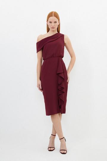 Premium Crepe Asymmetric Neck Drape Detail Midi Dress wine