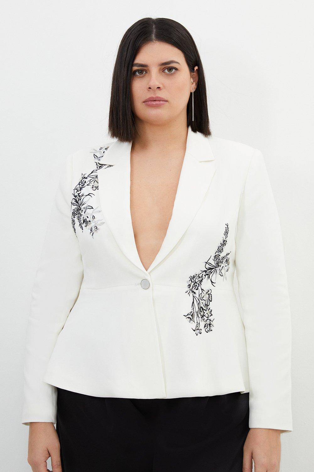 Ivory Plus Size Compact Viscose Tailored Peplum Embroidered Blazer