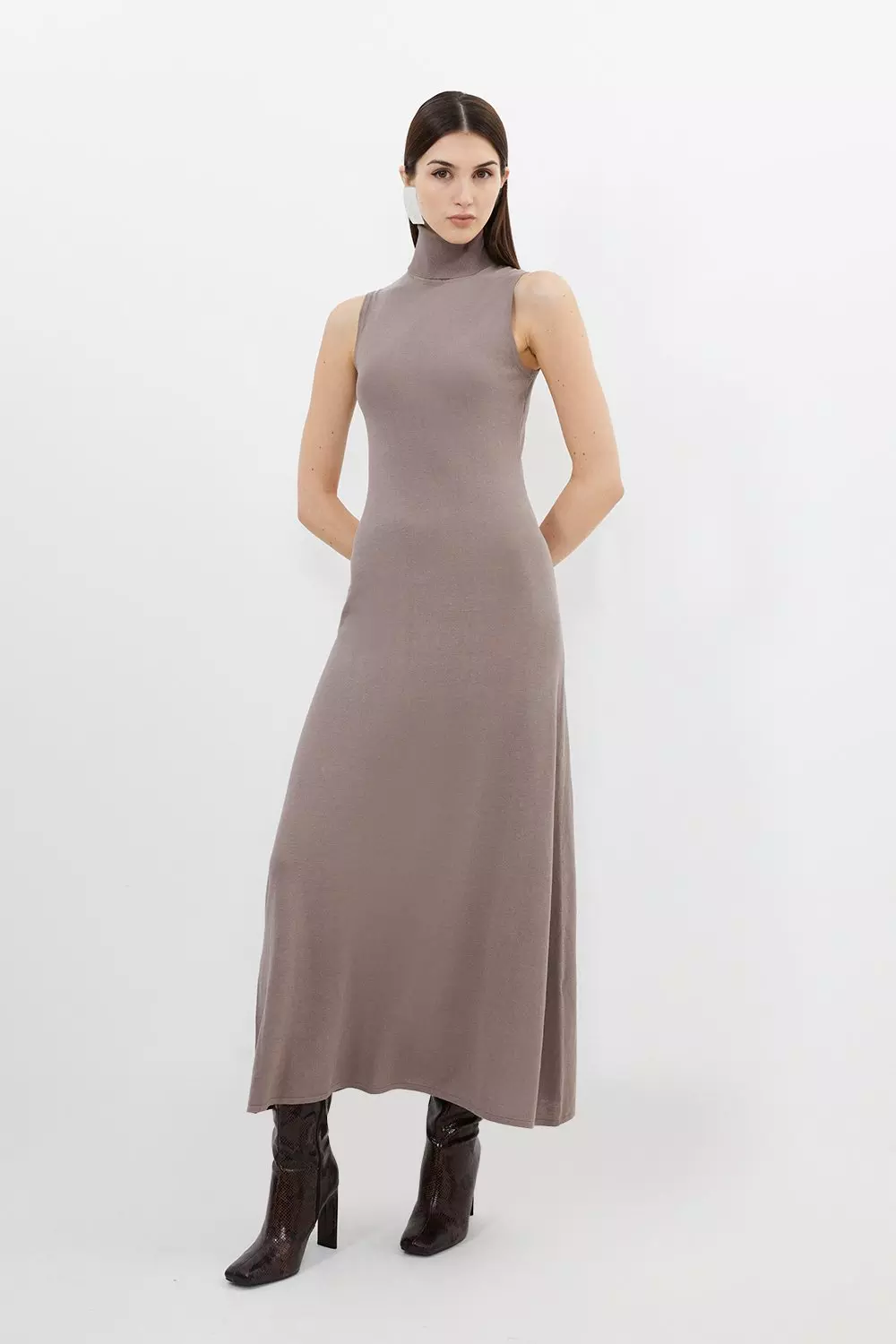 Cotton Blend Knitted Roll Neck Maxi Dress | Karen Millen