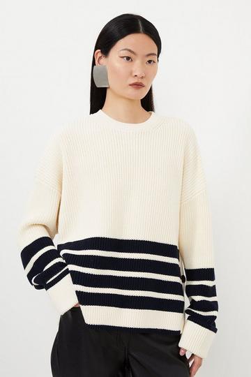 Cotton Knit Relaxed Stripe Sweater With Buttoned Splits stripe