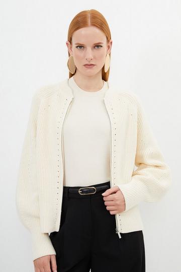 Cotton Knit Stitch Detail Bomber cream