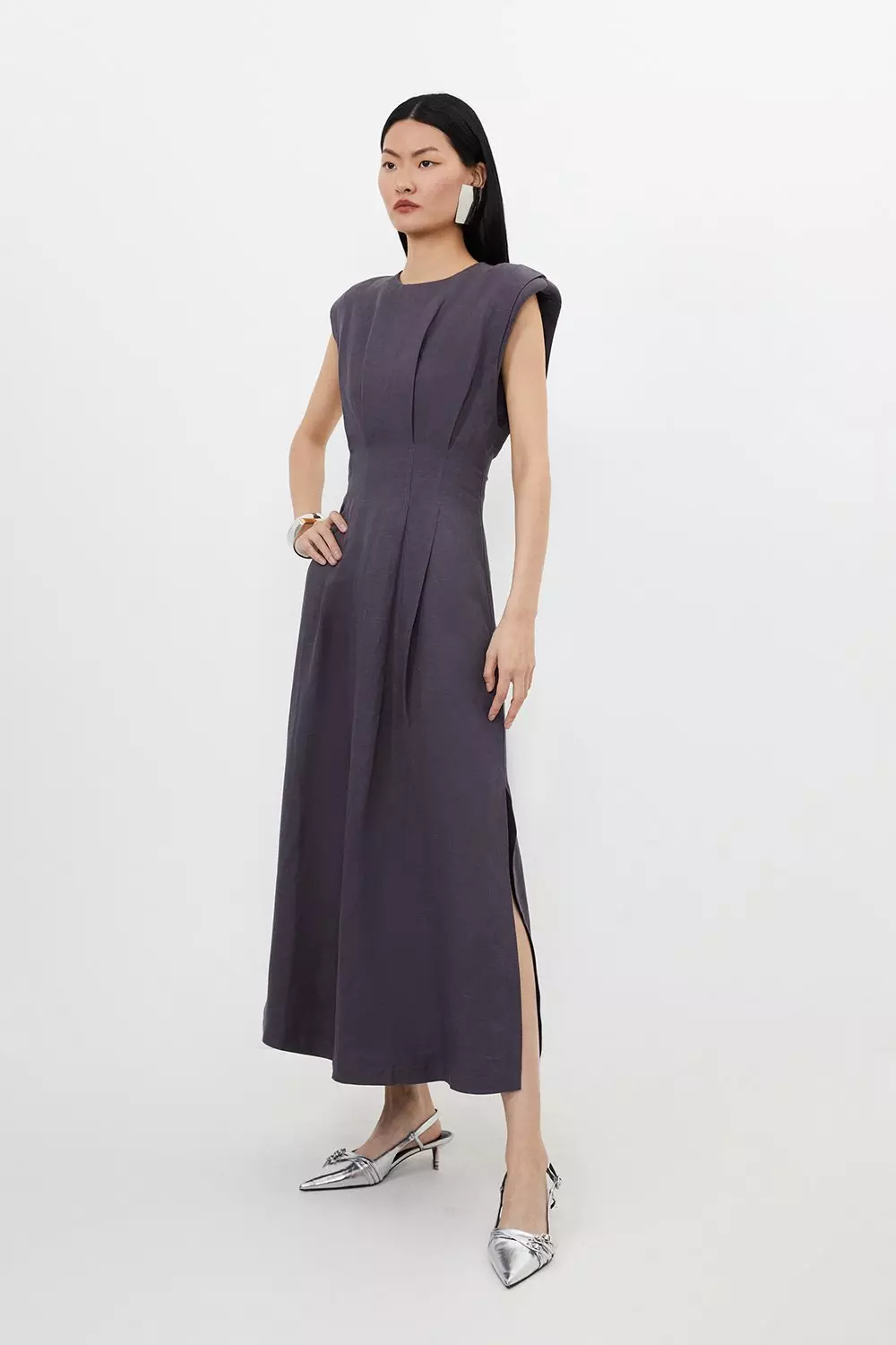 Viscose Linen Woven Pintuck Midi Dress Karen Millen