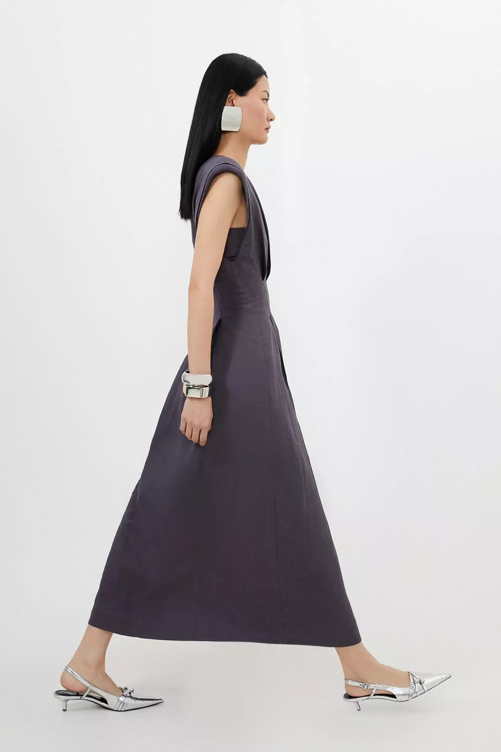 Viscose Linen Woven Pintuck Midi Dress | Karen Millen