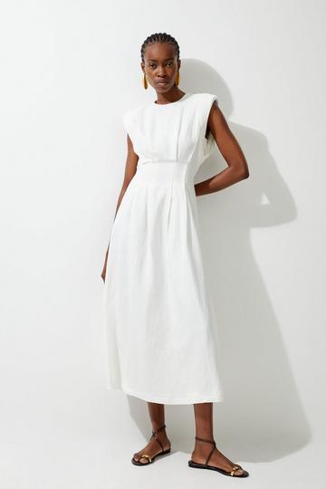 Viscose Linen Woven Pintuck Midi Dress white