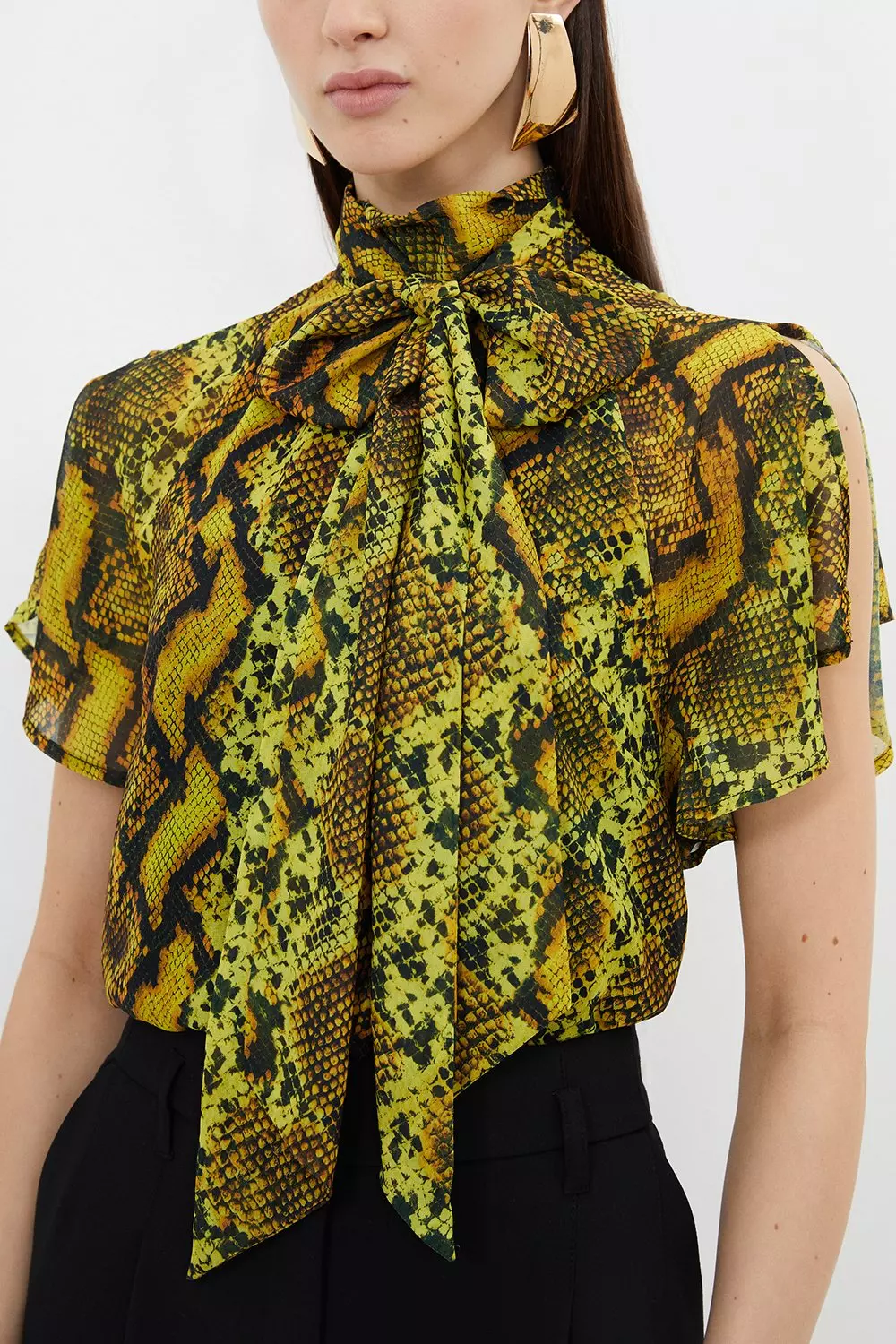 Snake Print Georgette Woven Tie Neck Ruffle Blouse | Karen Millen