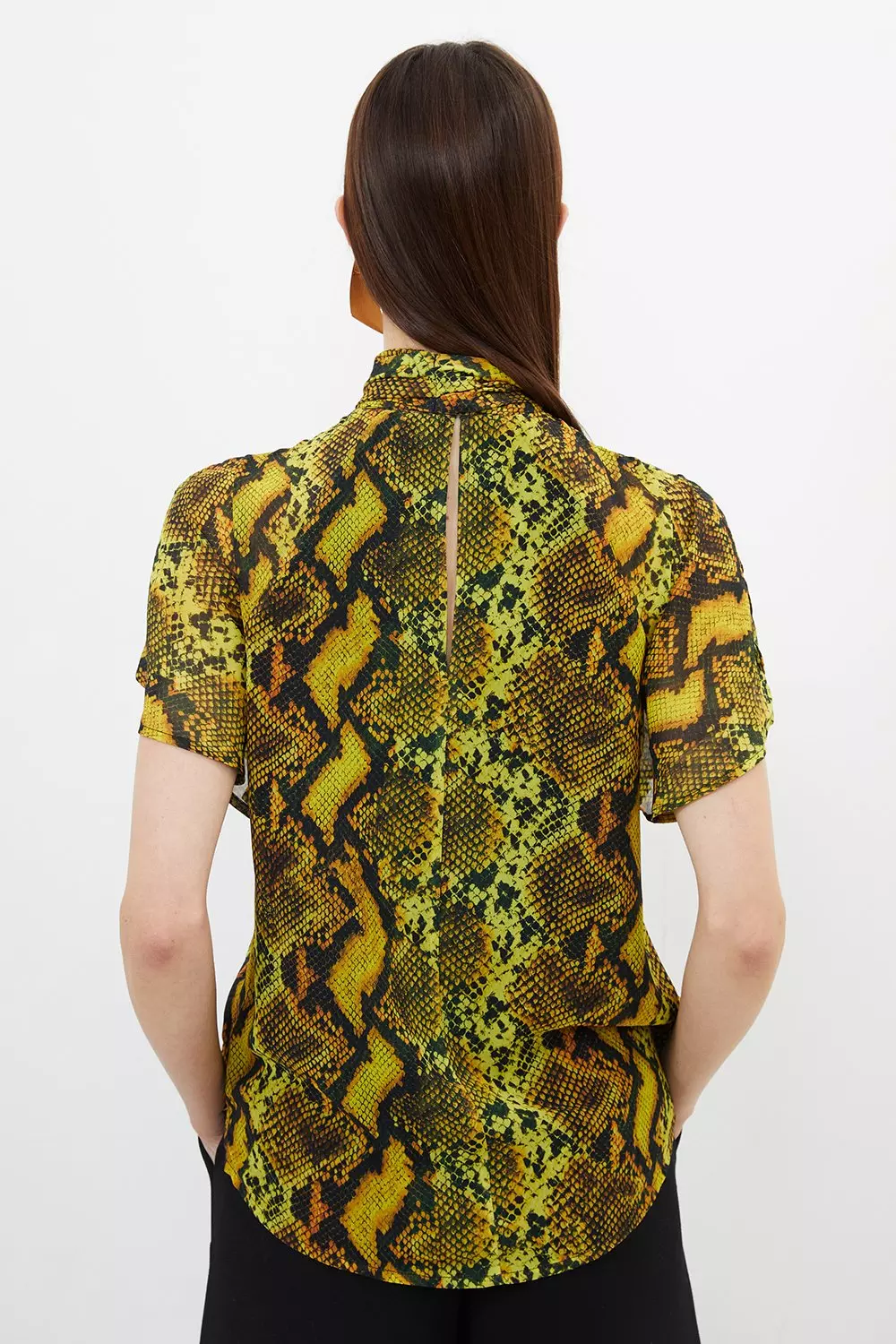 Snake Print Georgette Woven Tie Neck Ruffle Blouse | Karen Millen