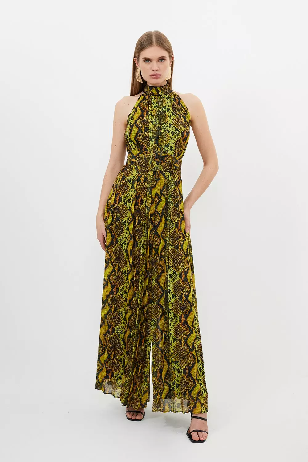 Snake Print Georgette Woven Halter Pleated Jumpsuit Karen Millen