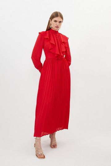 Petite Georgette Ruffle Long Sleeve Woven Midi Dress red