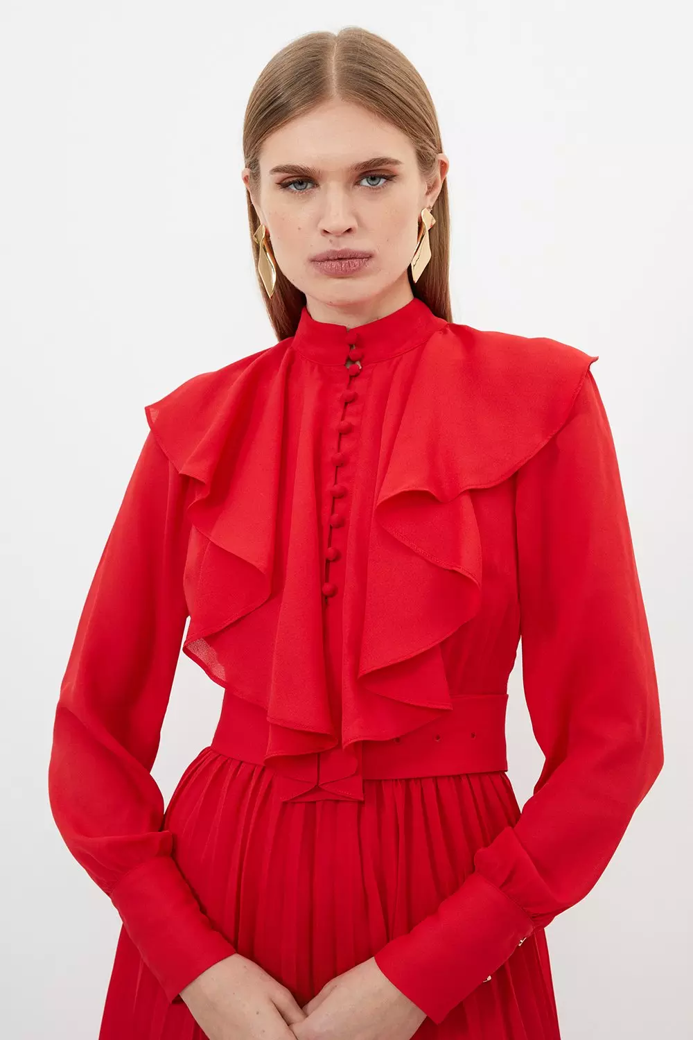 Petite Georgette Ruffle Long Sleeve Woven Midi Dress | Karen