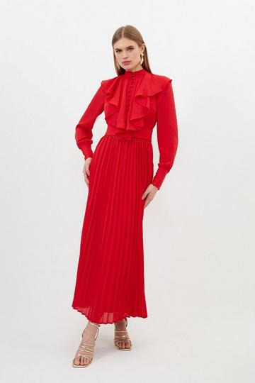 Red Georgette Ruffle Long Sleeve Woven Midi Dress