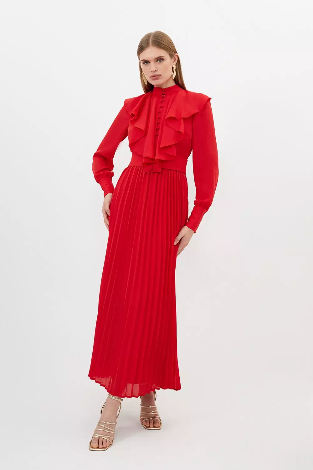 Georgette Ruffle Long Sleeve Woven Midi Dress | Karen Millen