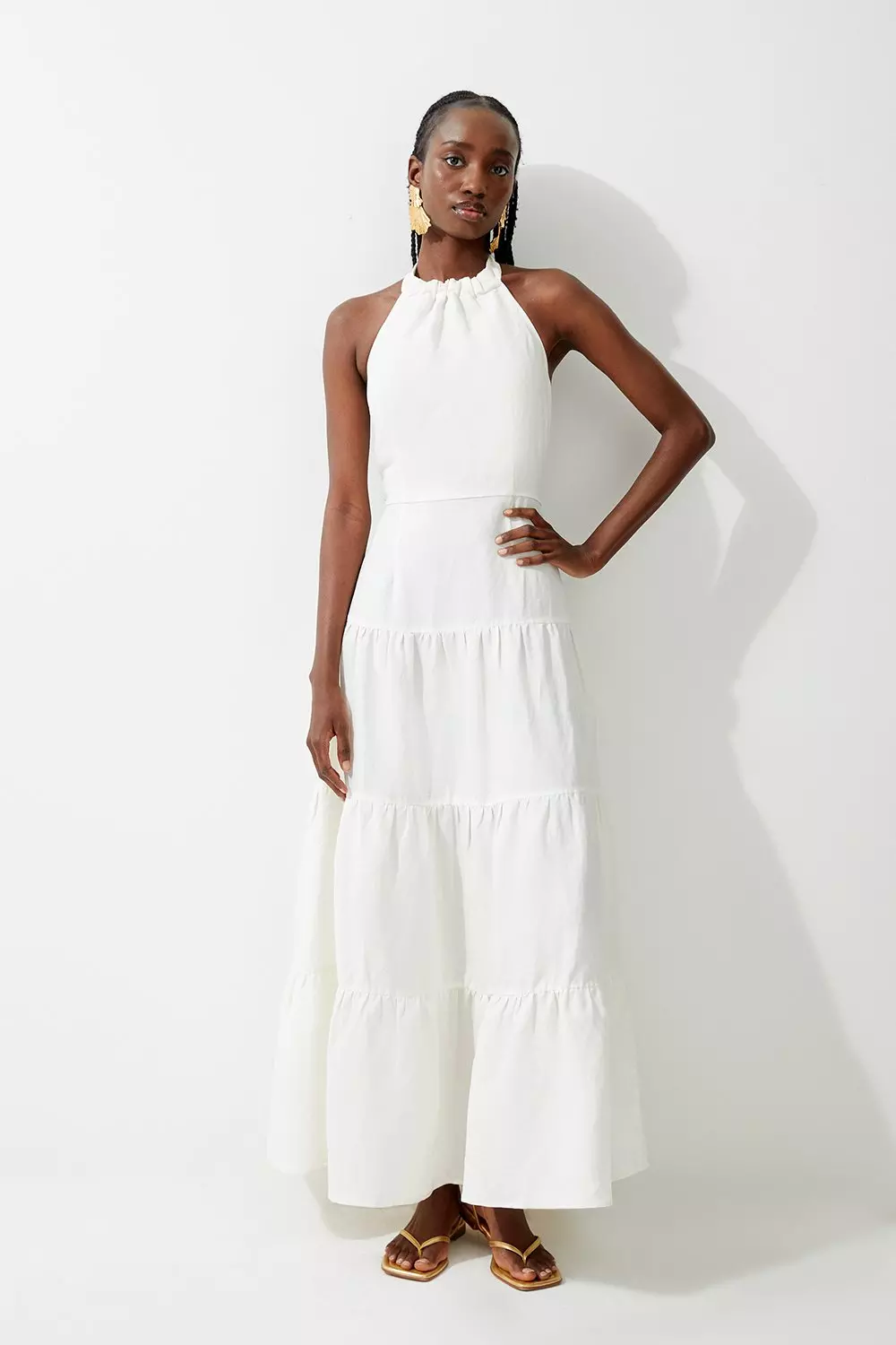 Viscose Linen Woven Tiered Halter Maxi Dress Karen Millen