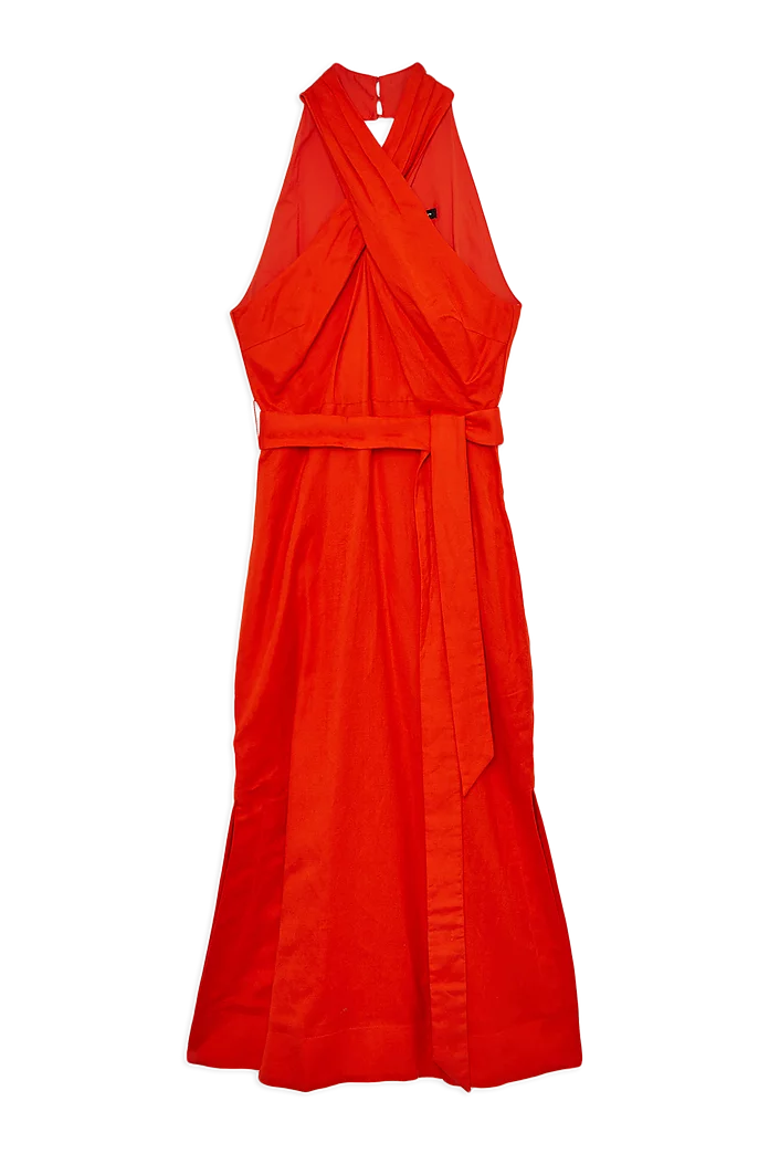 Viscose Linen Woven Cross Neckline Midi Dress | Karen Millen Viscose Linen Woven Cross Neckline Midi Dress | Karen Millen