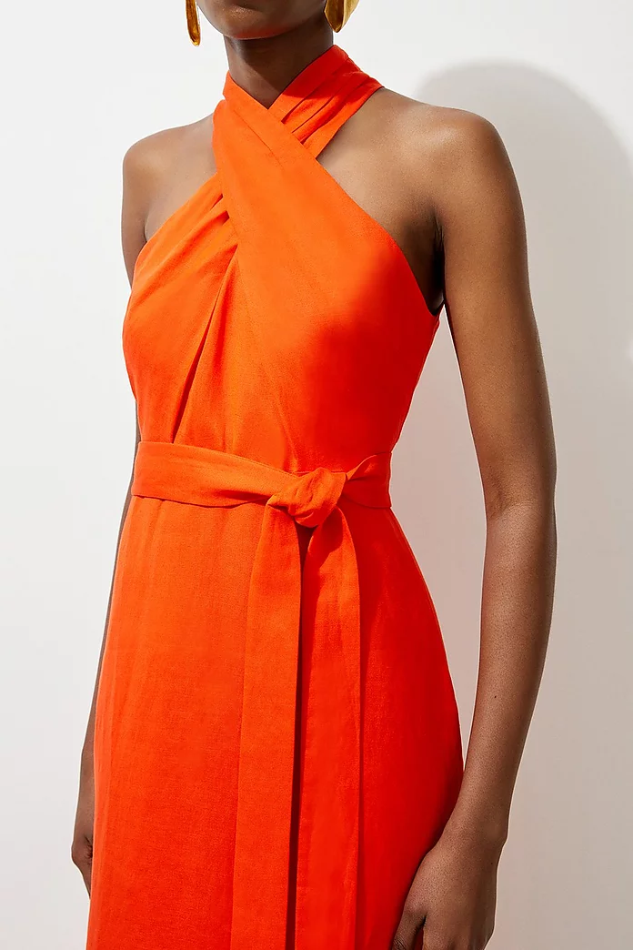 Viscose Linen Woven Cross Neckline Midi Dress | Karen Millen Viscose Linen Woven Cross Neckline Midi Dress | Karen Millen