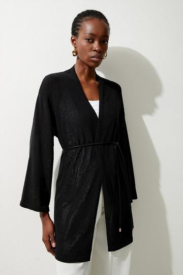 Corded Cotton Blend Knit Edge To Edge Cardi black