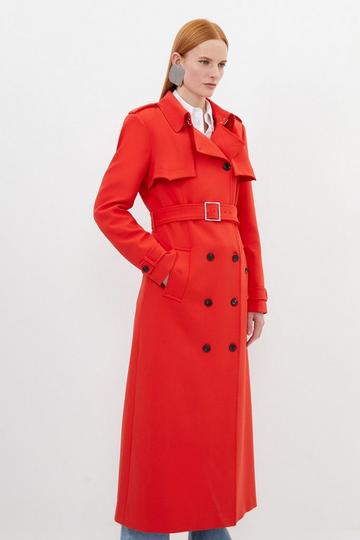 Red Compact Stretch Tailored Belted Trench Coat