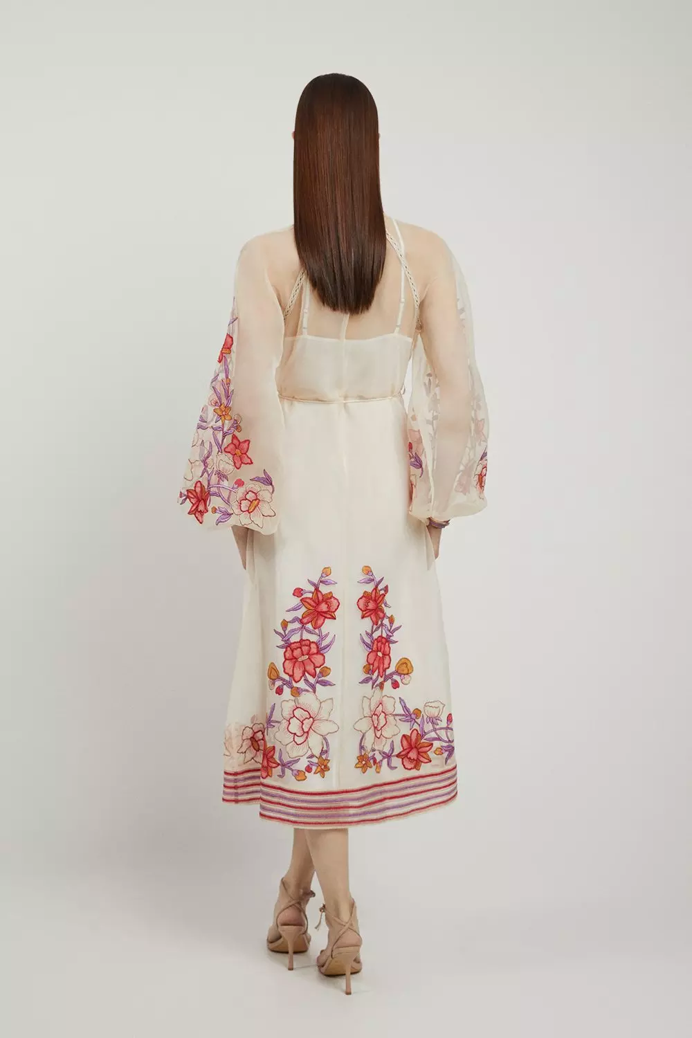 Petite Floral Embroidery Organdie Woven Midi Dress | Karen