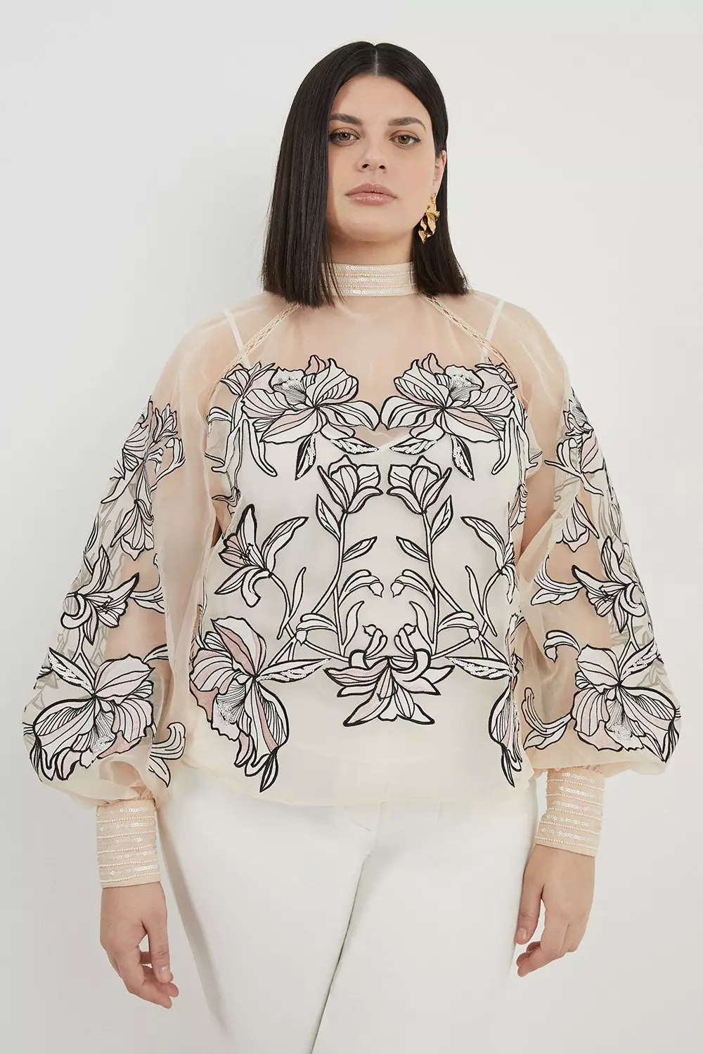 Plus Size Floral Embroidery Organdie Woven Blouse | Karen Millen