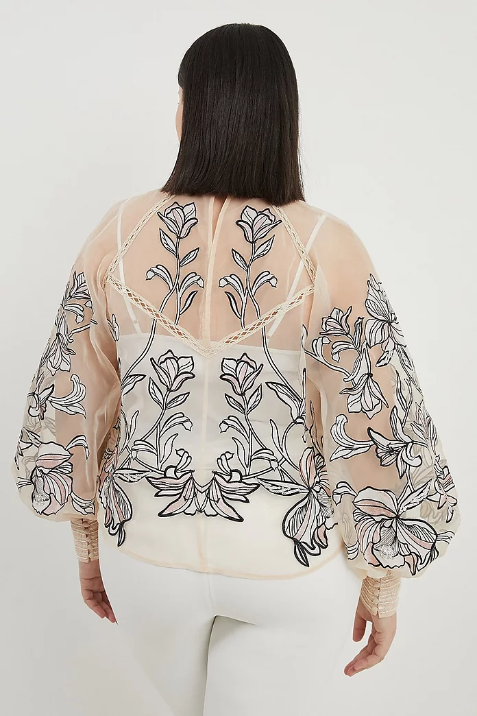 Plus Size Floral Embroidery Organdie Woven Blouse | Karen Millen Plus Size Floral Embroidery Organdie Woven Blouse | Karen Millen