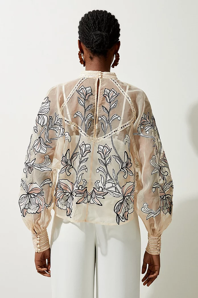 Floral Embroidery Organdie Woven Blouse | Karen Millen Floral Embroidery Organdie Woven Blouse | Karen Millen