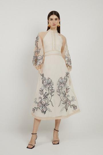 Petite Floral Embroidery Organdie Woven Midi Dress ivory