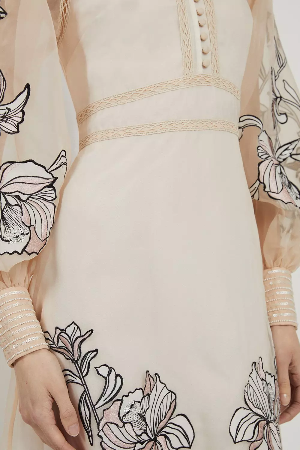 Petite Floral Embroidery Organdie Woven Midi Dress | Karen