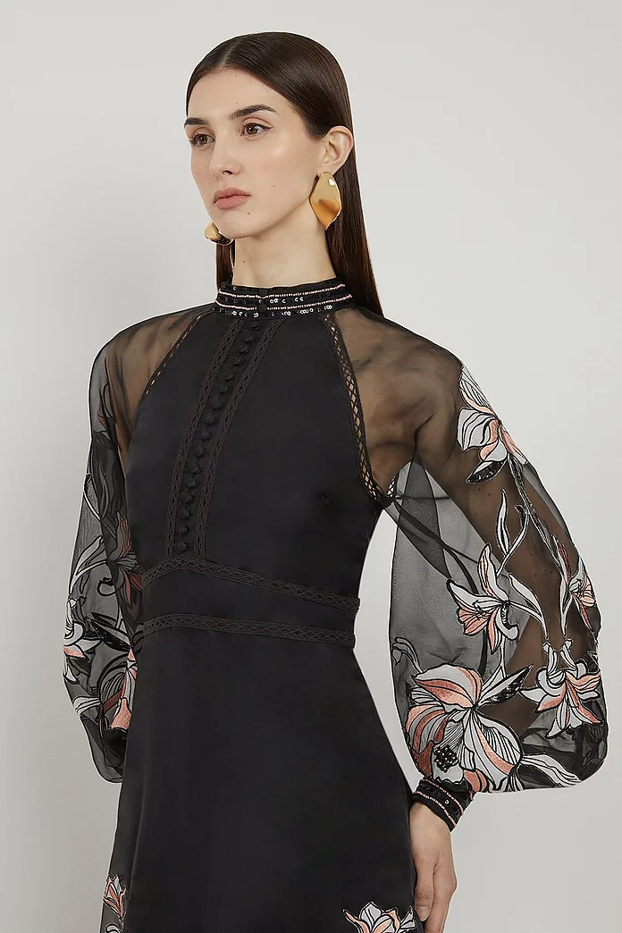 Tall Floral Embroidery Organdie Woven Midi Dress | Karen Millen Tall Floral Embroidery Organdie Woven Midi Dress | Karen Millen