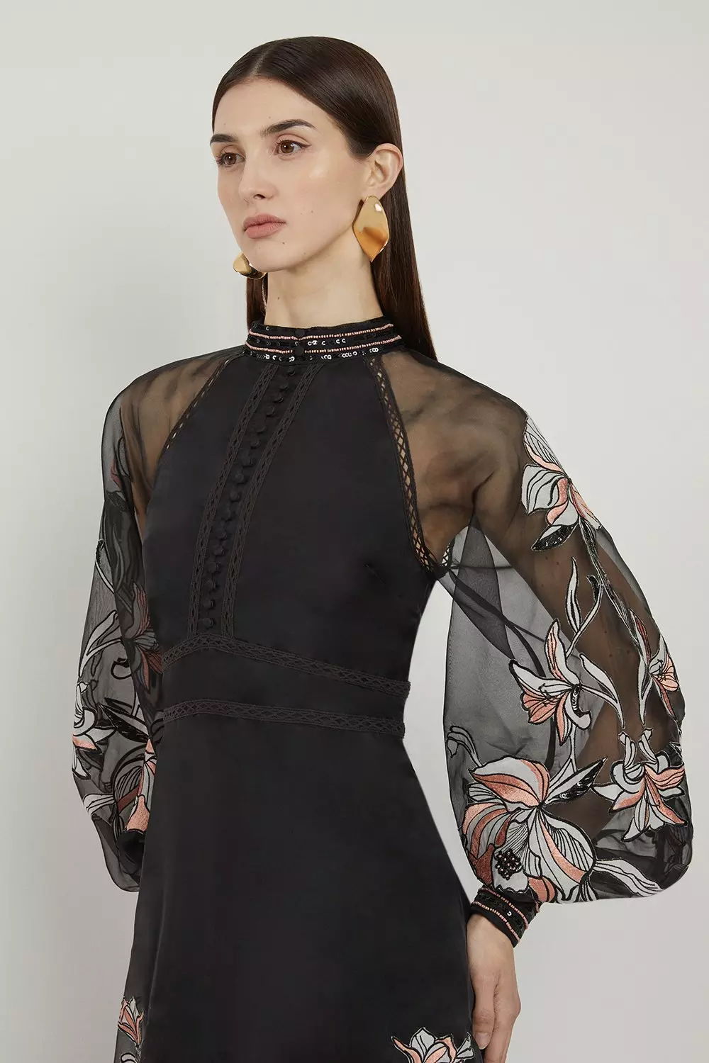 Tall Floral Embroidery Organdie Woven Midi Dress | Karen Millen