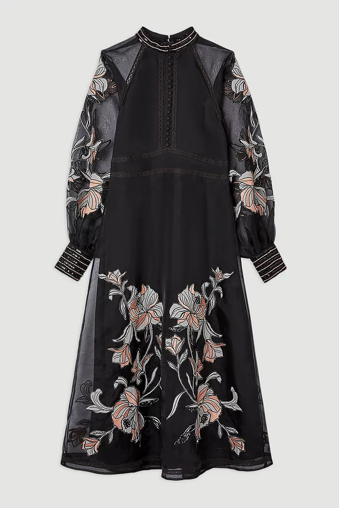 Tall Floral Embroidery Organdie Woven Midi Dress | Karen Millen Tall Floral Embroidery Organdie Woven Midi Dress | Karen Millen