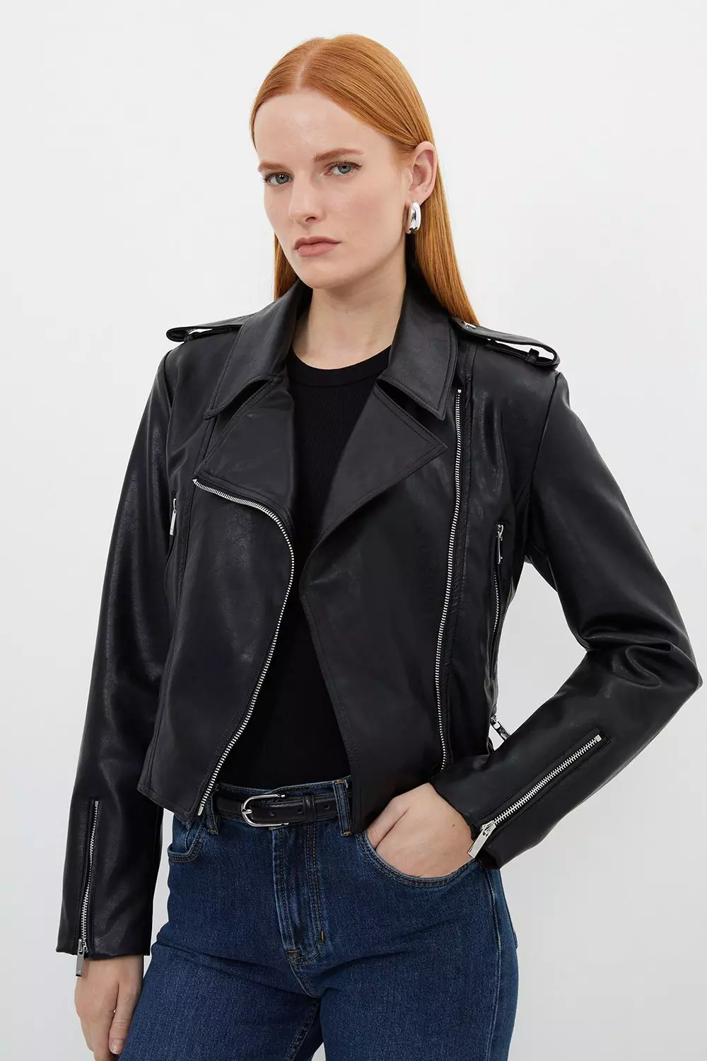 Faux Leather Cropped Biker Jacket Karen Millen