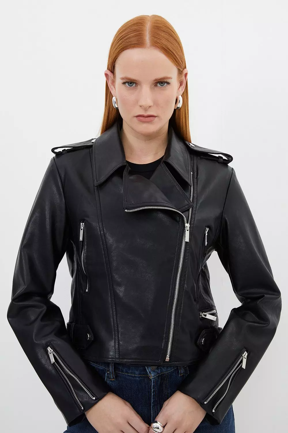 Cropped leather biker fashion jacket