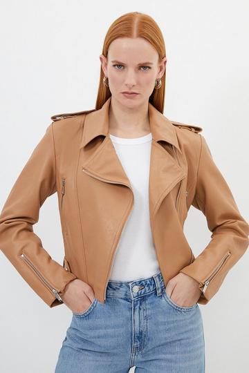 Faux Leather Cropped Biker Jacket camel