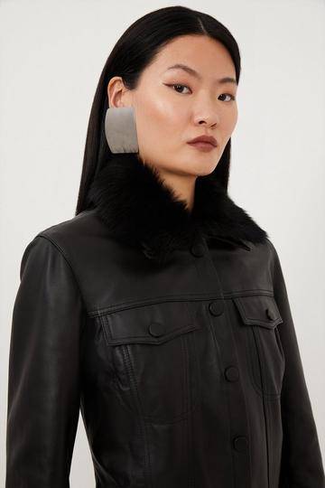 Leather Detachable Shearling Collar Trucker Jacket black