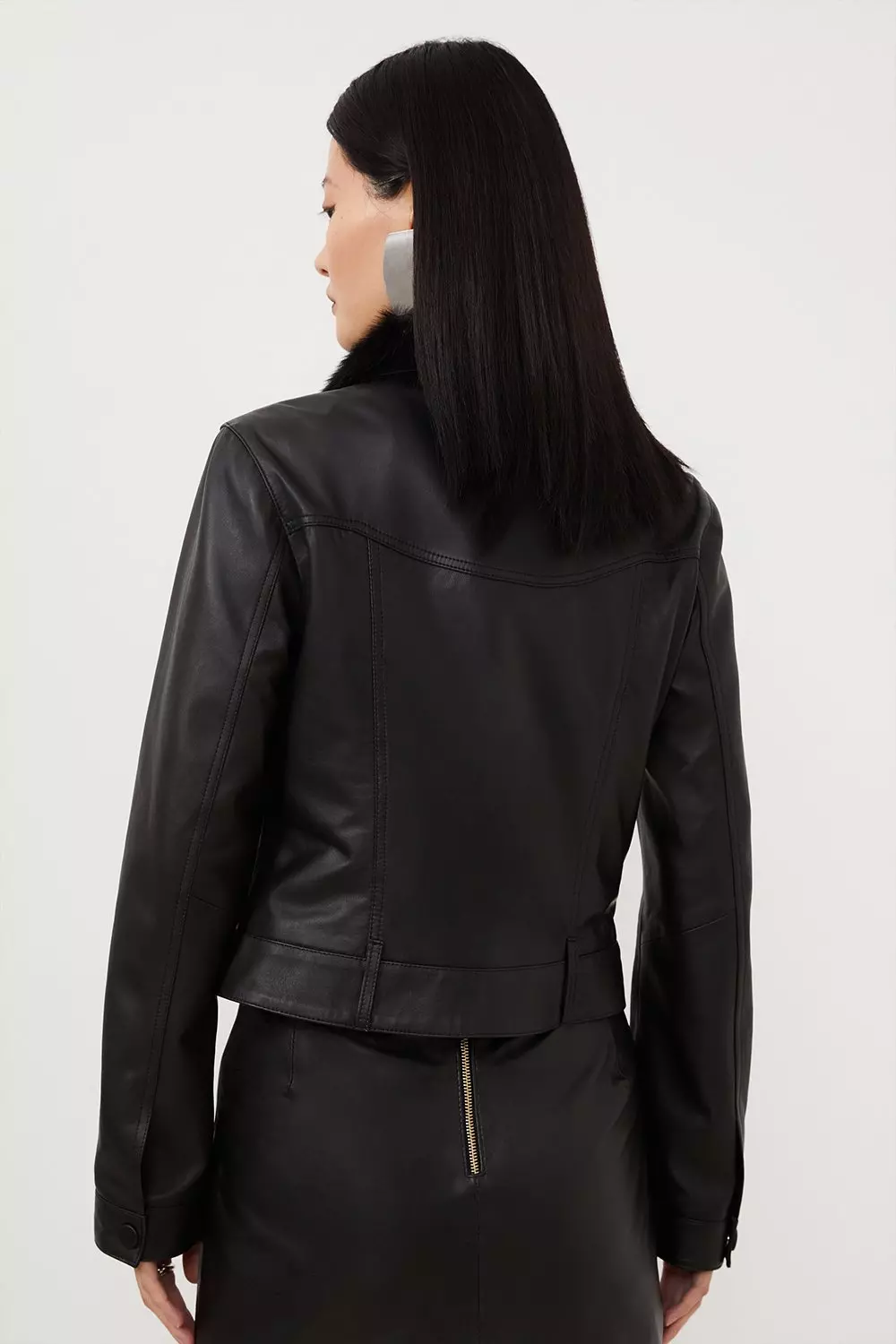 Leather Detachable Shearling Collar Trucker Jacket | Karen