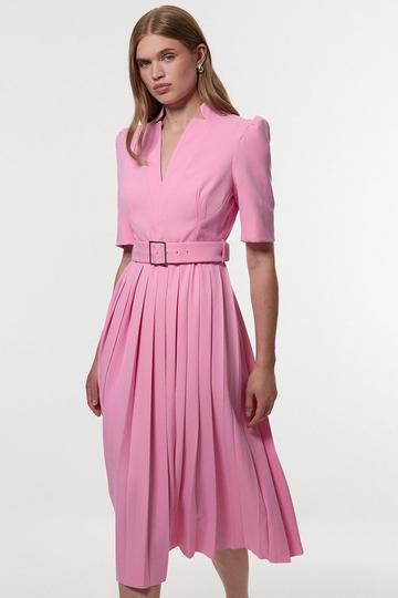 Pink Petite Tailored Structured Crepe Forever Pleat Midi Dress