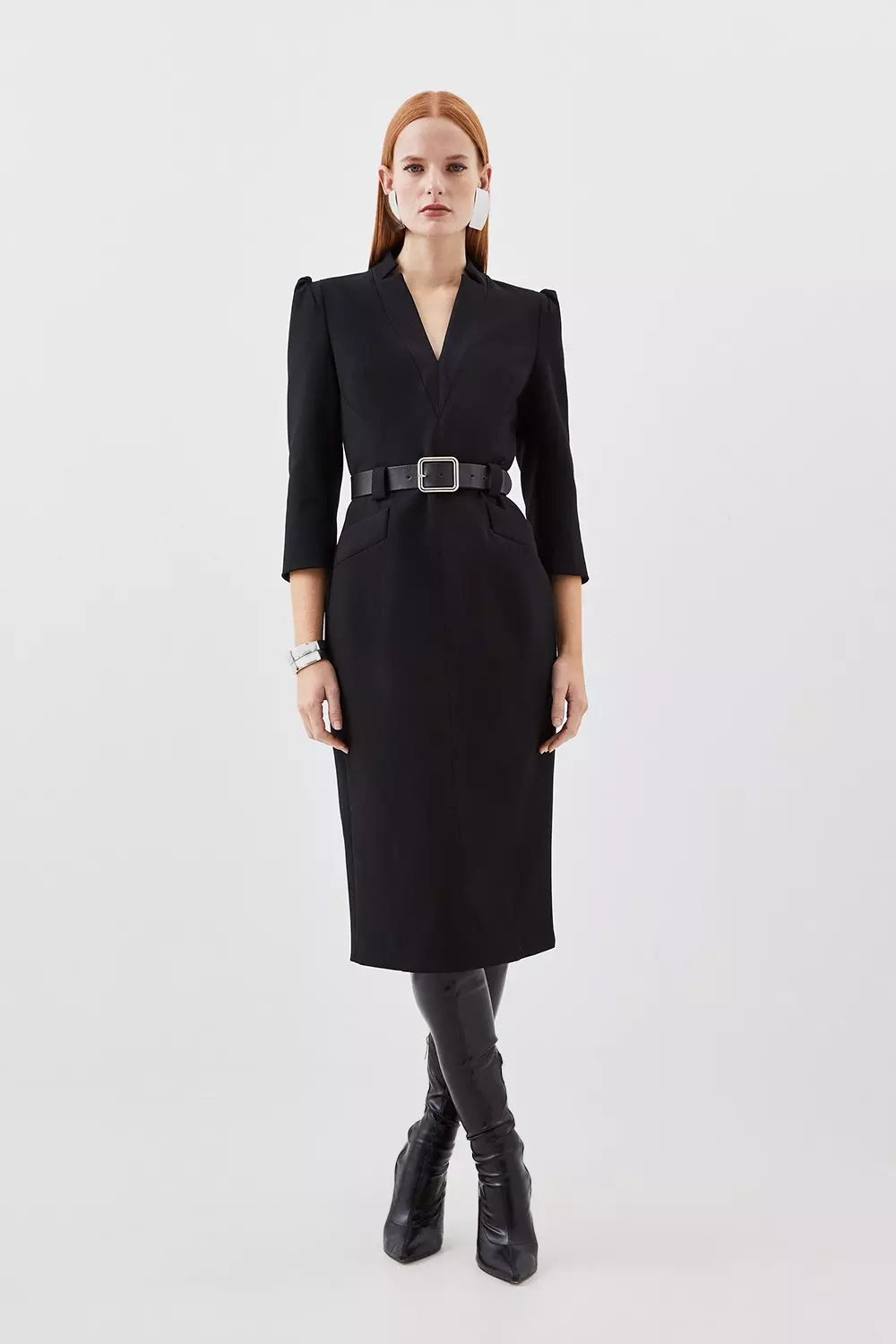 Black belted midi dress online