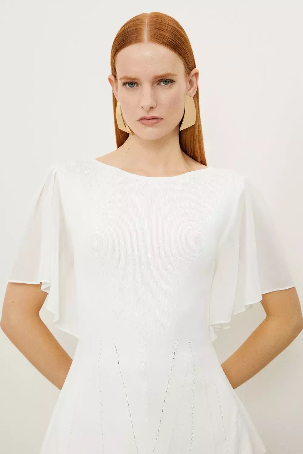 KAREN MILLEN ミダキシドレス エンジェルスリーブ アップリケ Viscose Blend Knit Chiffon Angel Sleeve Peplum Top | Karen